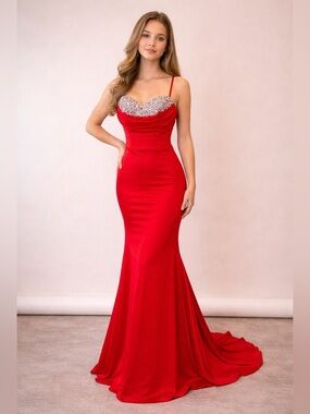 terani couture red mermaid gown crystal bust nwt size 4 prom
